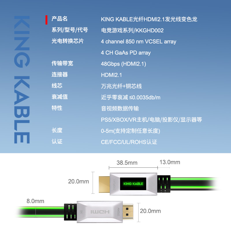 KingKable光纤HDMI2.1变色龙系列RGB电竞氛围灯带支持8K60 4K120超高刷新率