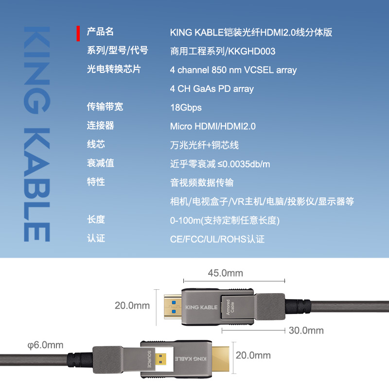 KING KABLE铠装光纤HDMI线分体式可转换光纤Micro HDMI线和Micro HDM转HDMI线分体式可拆卸易穿管适用家庭影院预埋LED大屏矩阵会议安防监控连接线100m