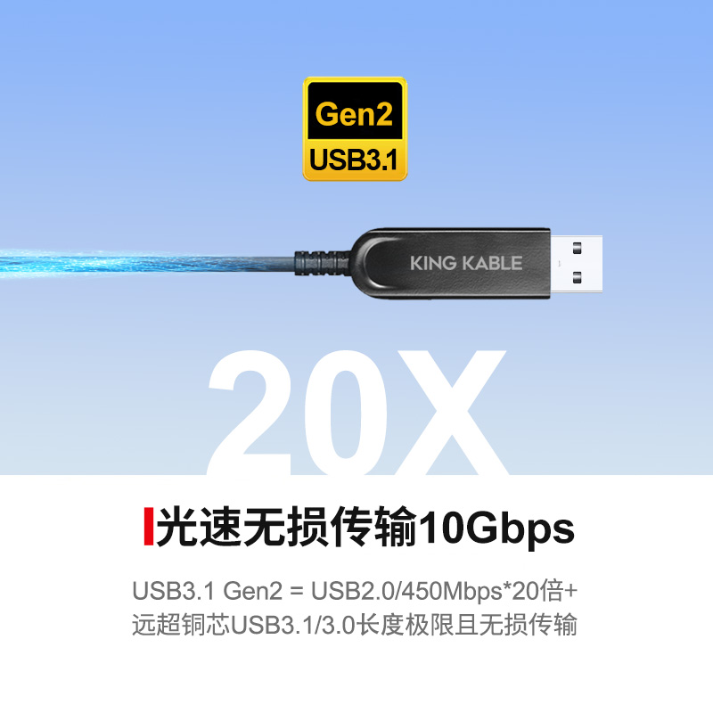 KingKable光纤USB3.1 Gen2 TypeA公对公数据连接线10Gbps带宽15米长距离传输适用于工业相机安防监控视觉机器人会议HUB等场景5米10米15米